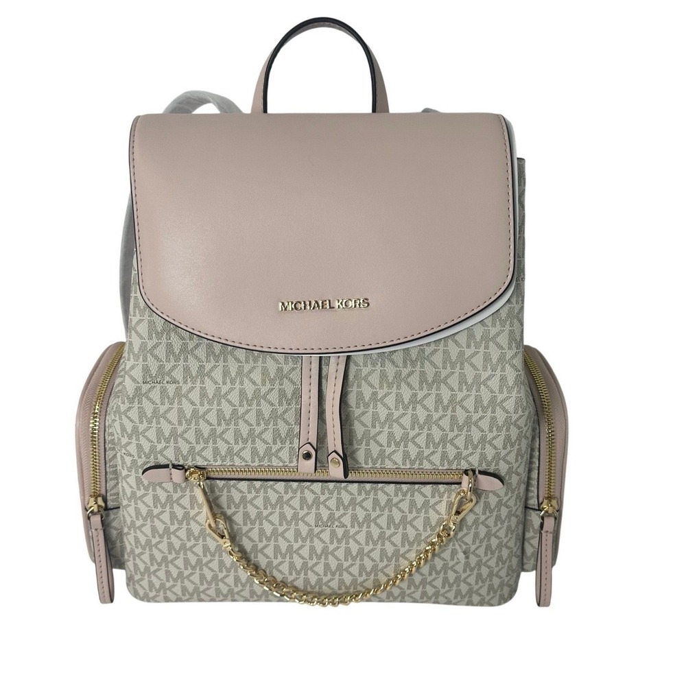 Michael Kors Jet Set Large Logo Backpack Powder Blush/ Vanilla - New - Picture 2 of 11